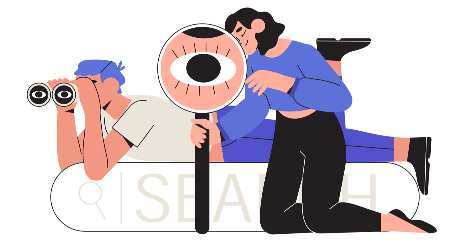 vector art of man holding binoculars and woman holding magnifying glass