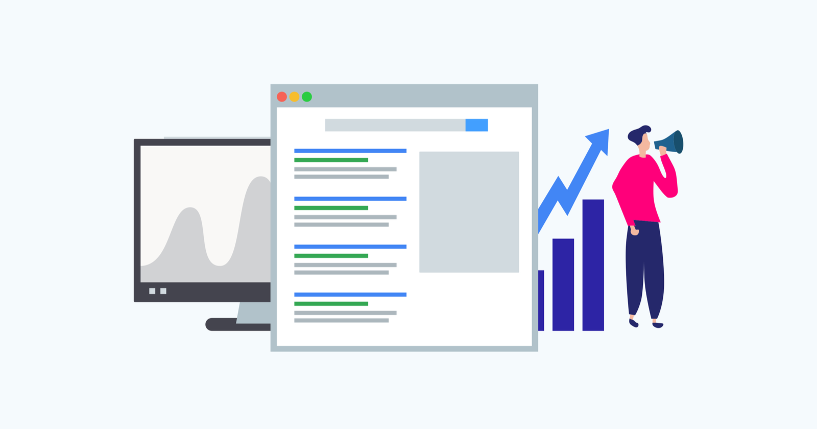 vector art person with megaphone standing next to computer monitor, computer screen view, and graph