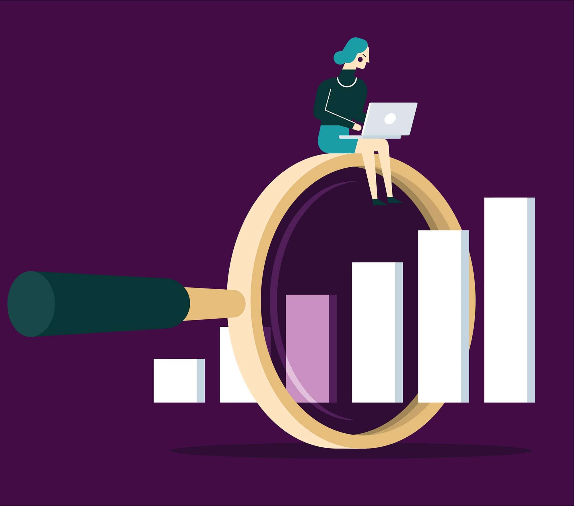 woman sitting with computer on a magnifying glass