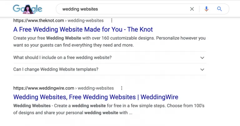 Wedding Website FAQ in search engine results