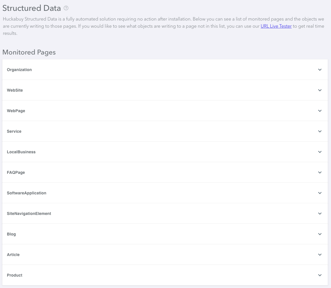 Structured Data Objects view in Huckabuy Dashboard