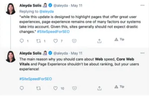 Tweets from Google's Aleyda Solis stating that page experience should be about user experience, not rankings, and that sites with great UX should not expect drastic ranking changes
