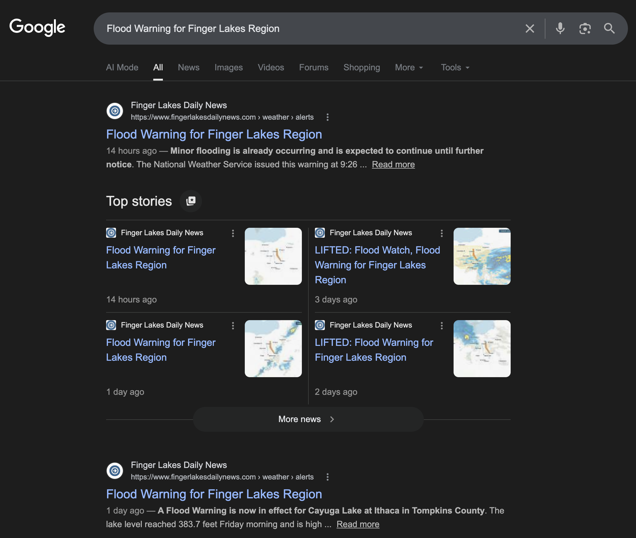 Search result screenshot showing strong share of voice for flood warning query