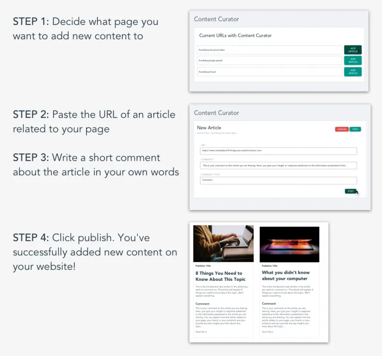 How to generate content with content curator step by step instructions. Add news article, write comment on article, post article with your comment to your page
