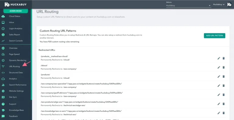 Huckabuy admin URL Routing page with the URL Routing menu item highlighted showing redirected URLs list