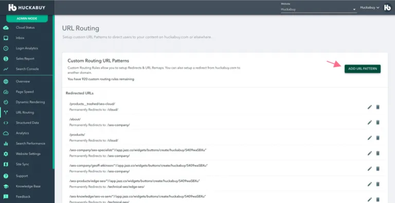 Huckabuy URL Routing page with an arrow pointing to the Add URL Pattern button
