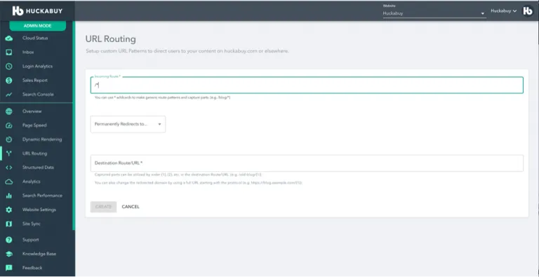 Huckabuy URL Routing form with incoming route, permanent redirect option and destination route URL fields